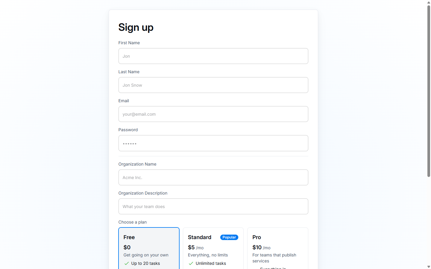 The Task Arrow sign-up form with name, email, password, organization and plan fields